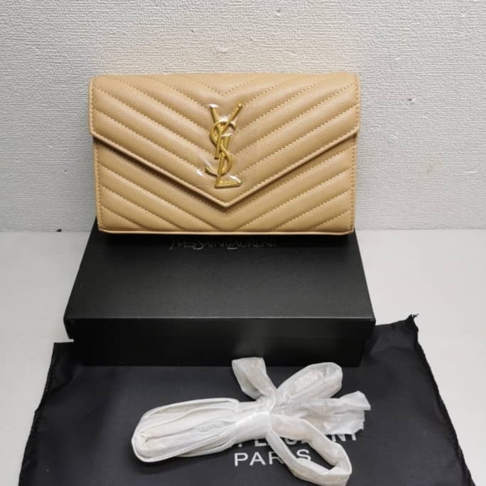 Saint Laurent Envelope Classic Cassandre Chain Wallet In Grain De Poudre Leather Beige 22Cm 377828BOW012721