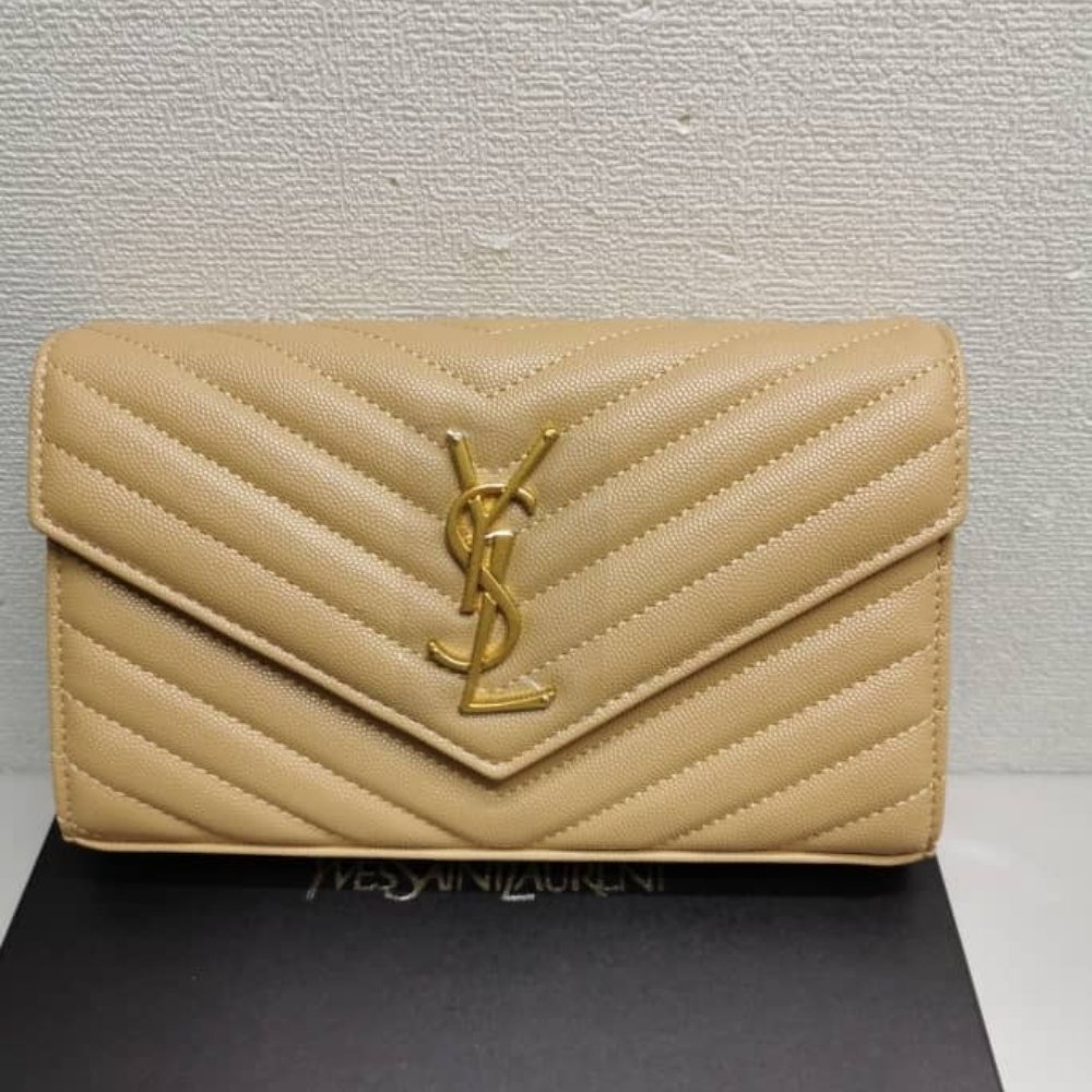 Saint Laurent Envelope Classic Cassandre Chain Wallet In Grain De Poudre Leather Beige 22Cm 377828BOW012721