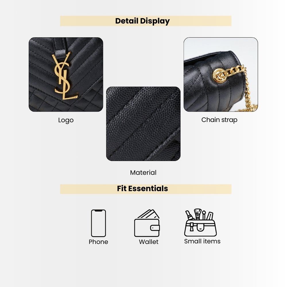 Saint Laurent Envelope Classic Cassandre Chain Wallet In Grain De Poudre Black Gold 22Cm 377828BOW011000