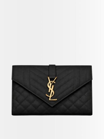 Saint Laurent Envelope Classic Cassandre Chain Wallet In Grain De Poudre Black Gold 22Cm 377828BOW011000