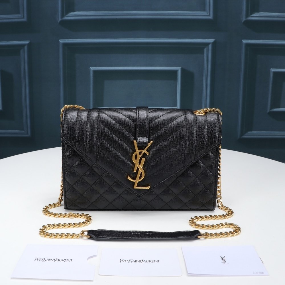 Saint Laurent Envelope Classic Cassandre Chain Wallet In Grain De Poudre Black Gold 22Cm 377828BOW011000