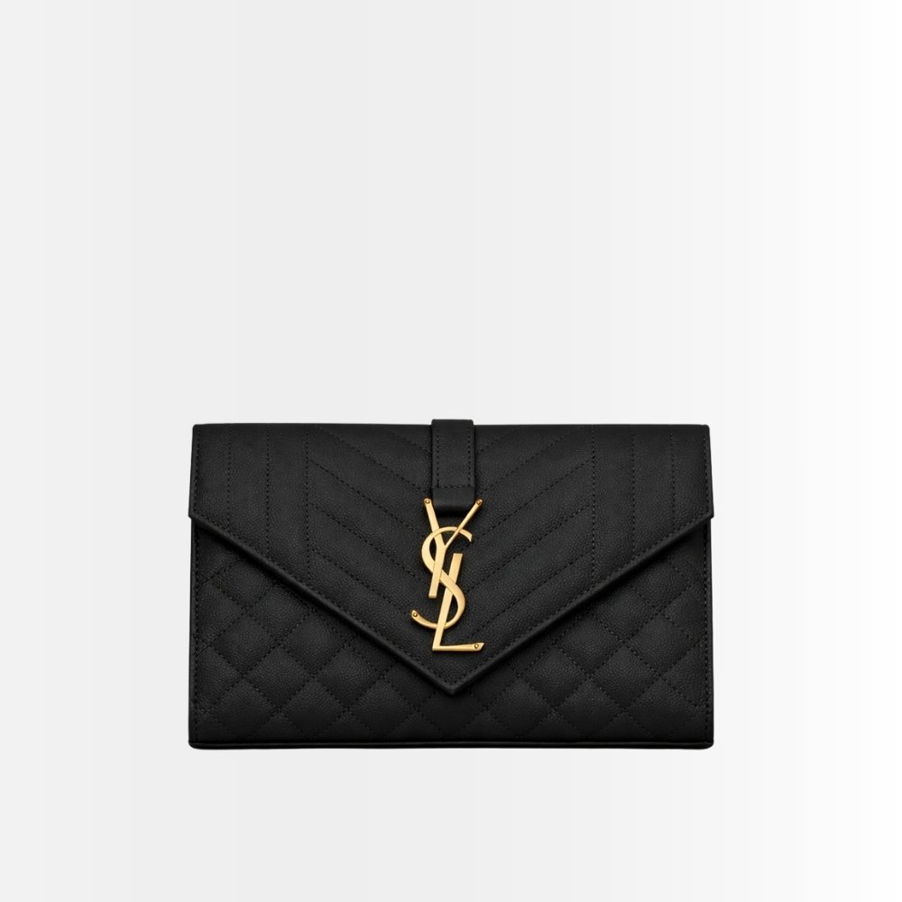 Saint Laurent Envelope Classic Cassandre Chain Wallet In Grain De Poudre Black Gold 22Cm 377828BOW011000