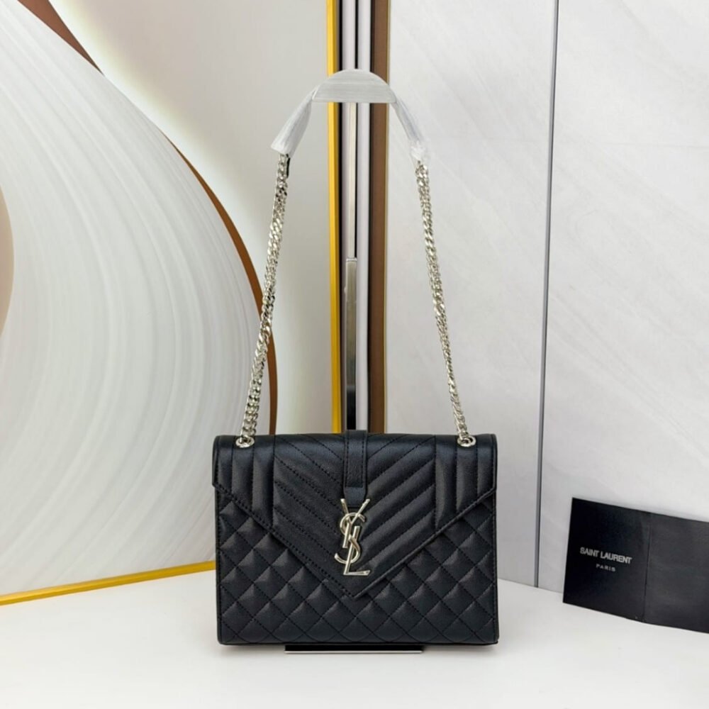 Saint Laurent Envelope Medium In Quilted Grain De Poudre Embossed Leather Black 24Cm 600185BOW921000