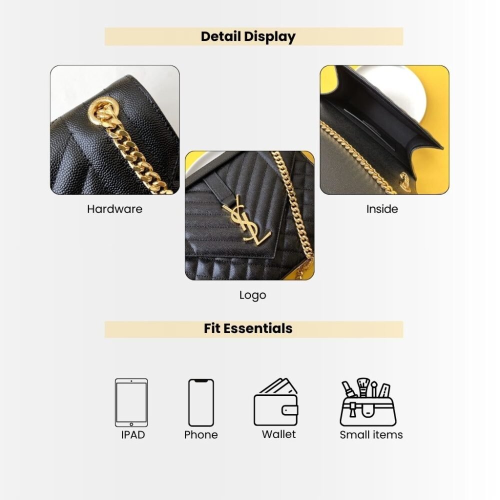 Saint Laurent Envelope Medium In Quilted Grain De Poudre Embossed Leather Black Gold 24Cm 600185BOW911000