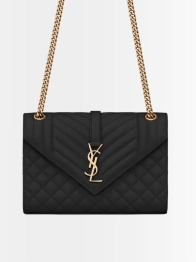 Saint Laurent Envelope Medium In Quilted Grain De Poudre Embossed Leather Black Gold 24Cm 600185BOW911000