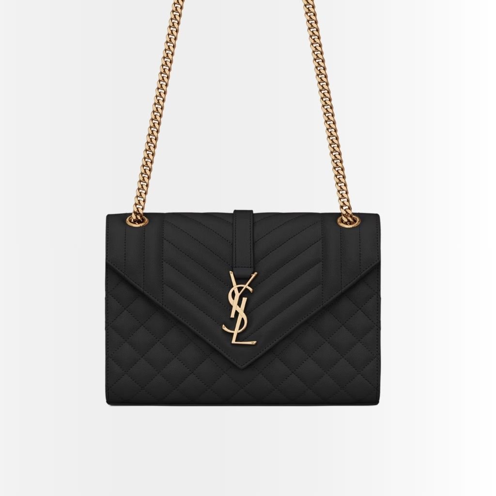 Saint Laurent Envelope Medium In Quilted Grain De Poudre Embossed Leather Black Gold 24Cm 600185BOW911000