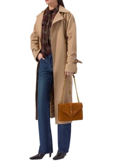 Saint Laurent Envelope Medium Matelassé Suede Shoulder Bag Brown 24Cm