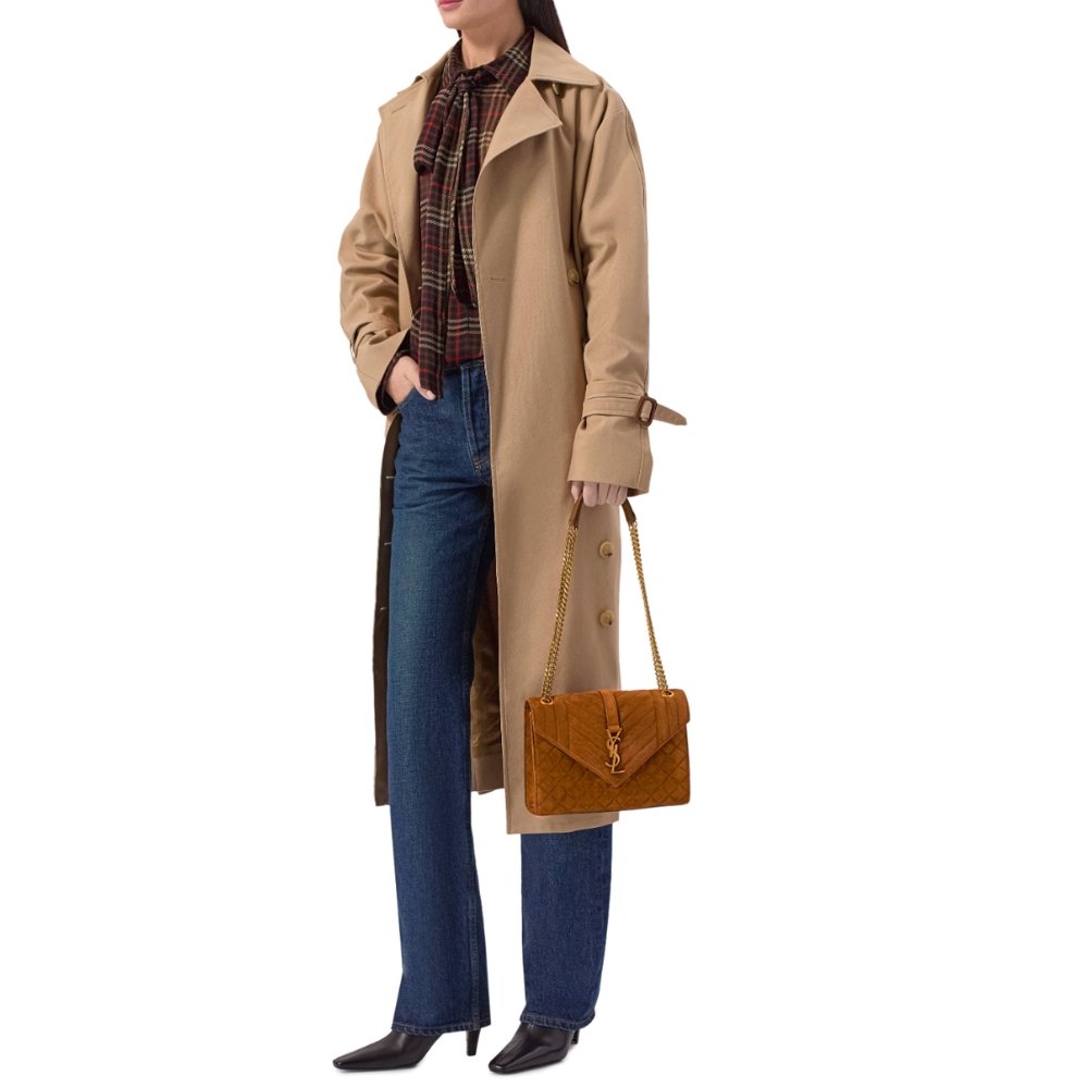 Saint Laurent Envelope Medium Matelassé Suede Shoulder Bag Brown 24Cm