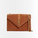 Saint Laurent Envelope Medium Matelassé Suede Shoulder Bag Brown 24Cm