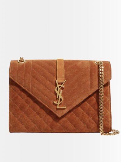 Saint Laurent Envelope Medium Matelassé Suede Shoulder Bag Brown 24Cm