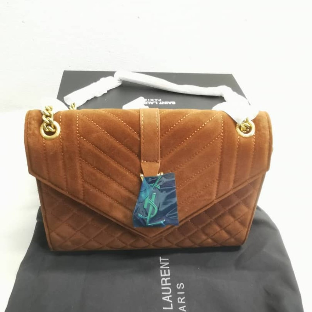 Saint Laurent Envelope Medium Matelassé Suede Shoulder Bag Brown 24Cm