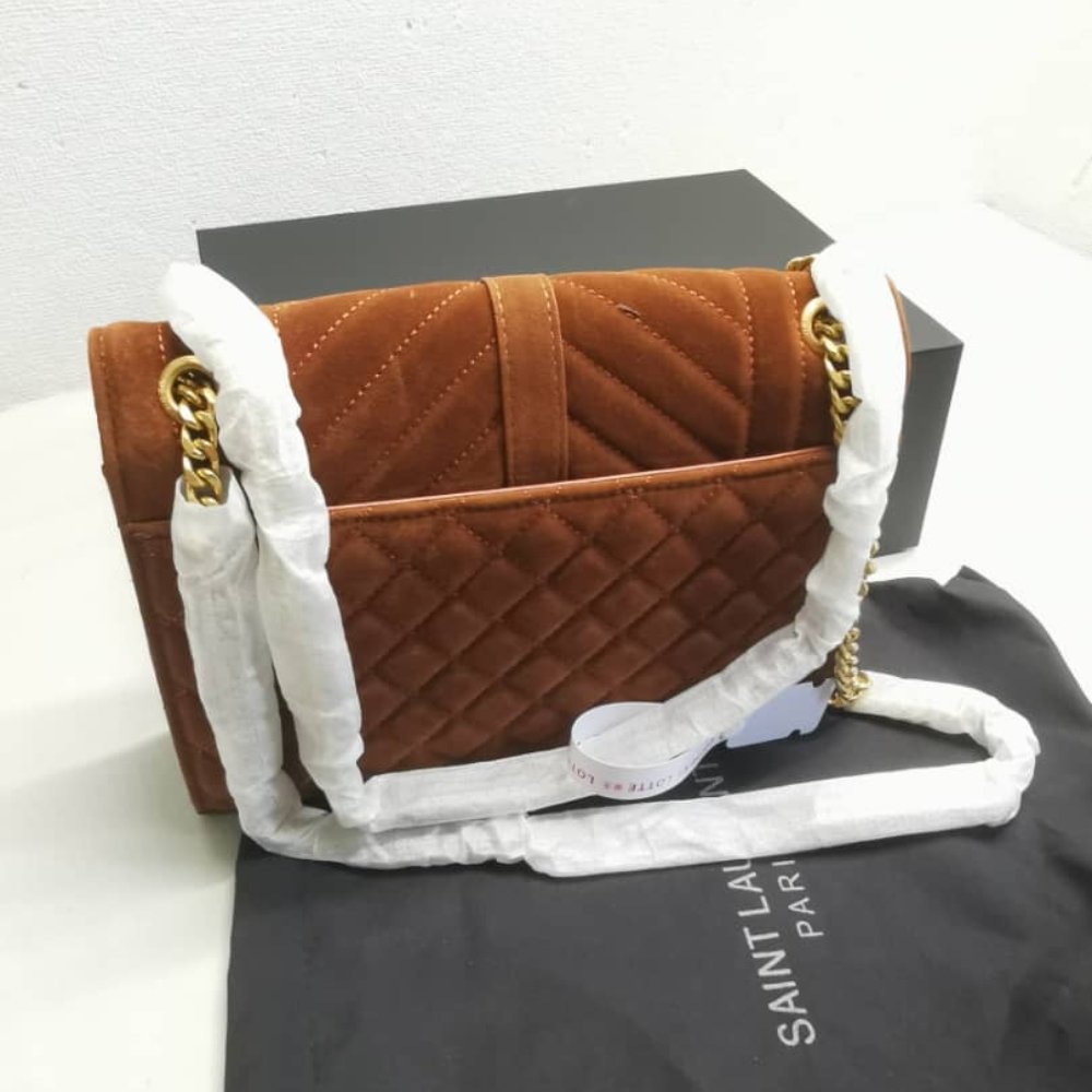 Saint Laurent Envelope Medium Matelassé Suede Shoulder Bag Brown 24Cm