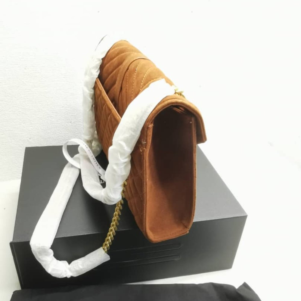 Saint Laurent Envelope Medium Matelassé Suede Shoulder Bag Brown 24Cm