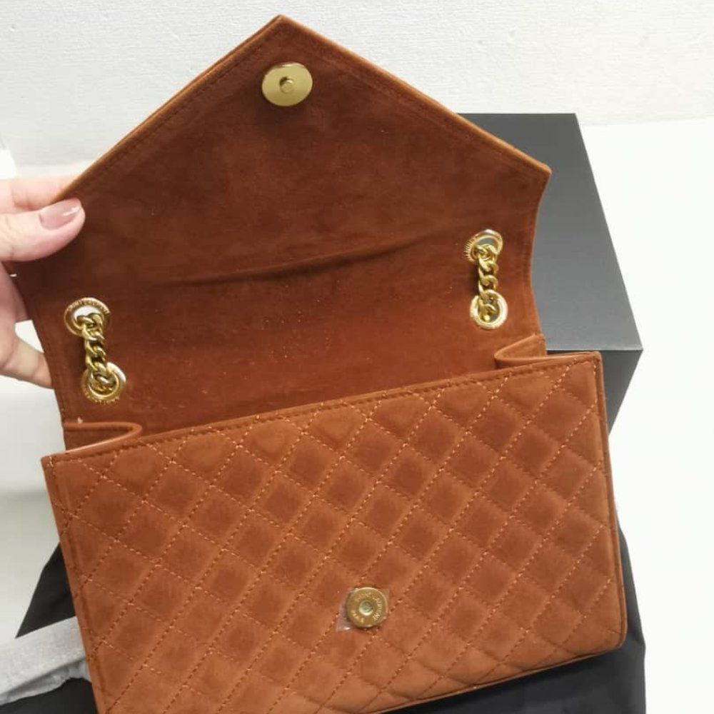 Saint Laurent Envelope Medium Matelassé Suede Shoulder Bag Brown 24Cm