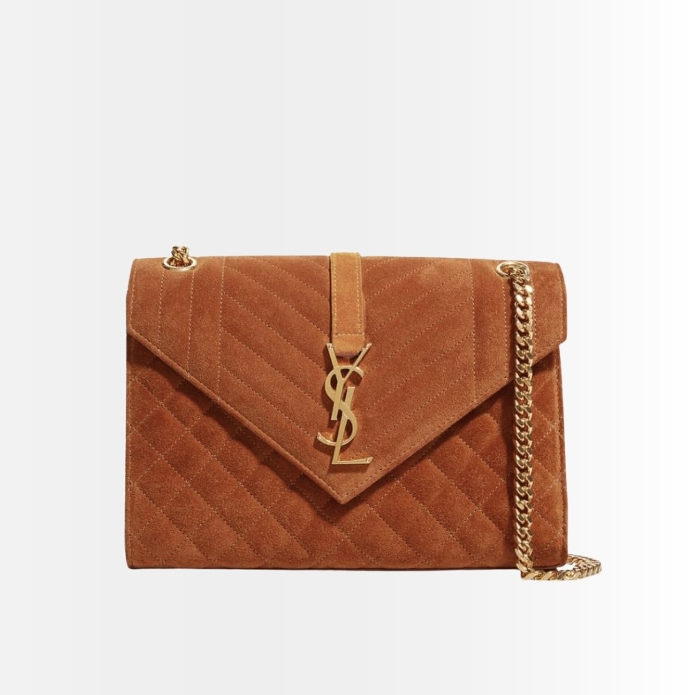 Saint Laurent Envelope Medium Matelassé Suede Shoulder Bag Brown 24Cm