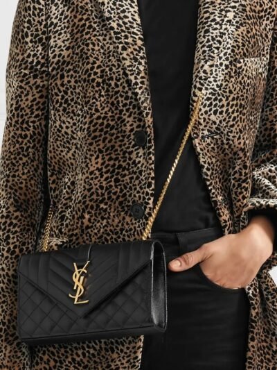 Saint Laurent Envelope Small In Quilted Grain De Poudre Embossed Leather Black 21Cm