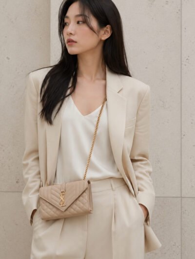 Saint Laurent Envelope Small In Quilted Grain Leather Beige 21Cm 600195BOW912721