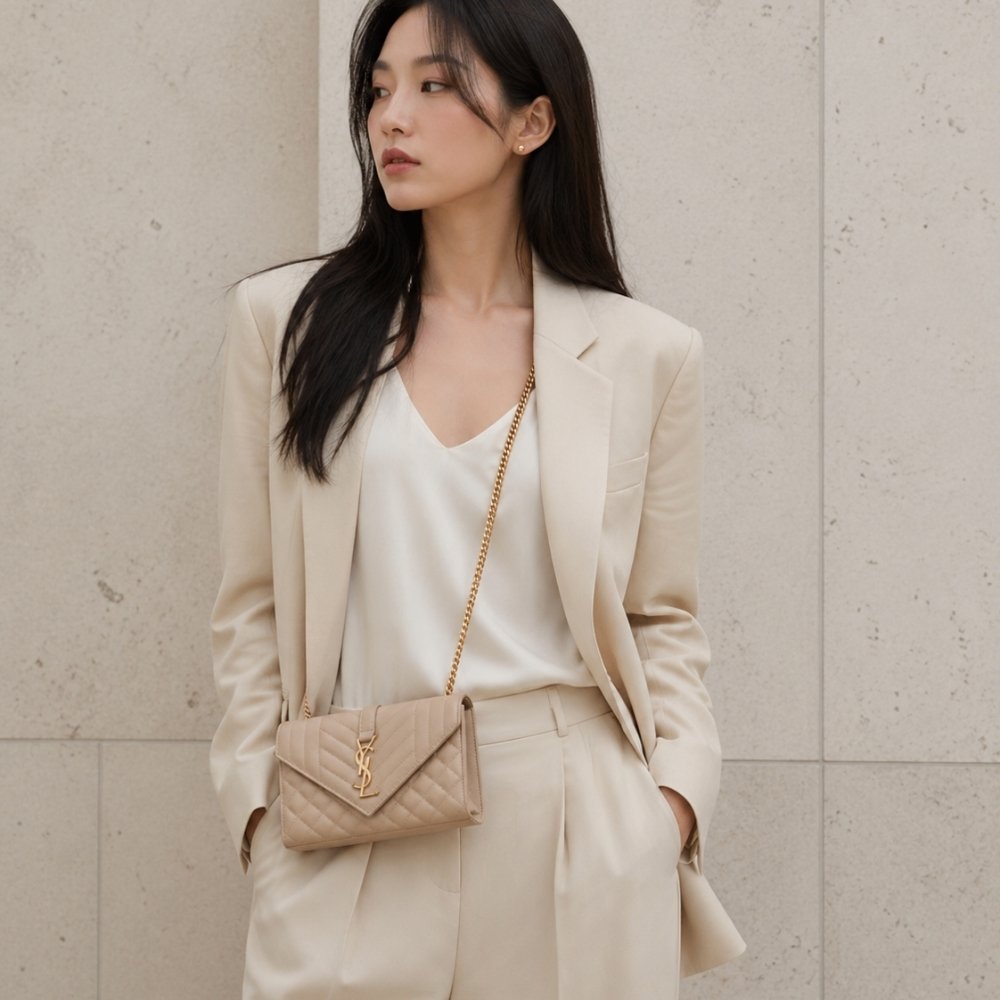 Saint Laurent Envelope Small In Quilted Grain Leather Beige 21Cm 600195BOW912721