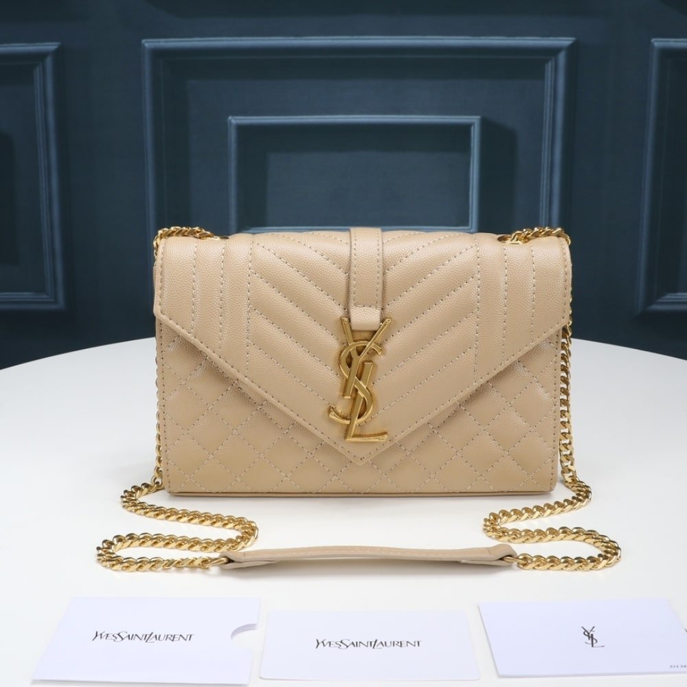 Saint Laurent Envelope Small In Quilted Grain Leather Beige 21Cm 600195BOW912721