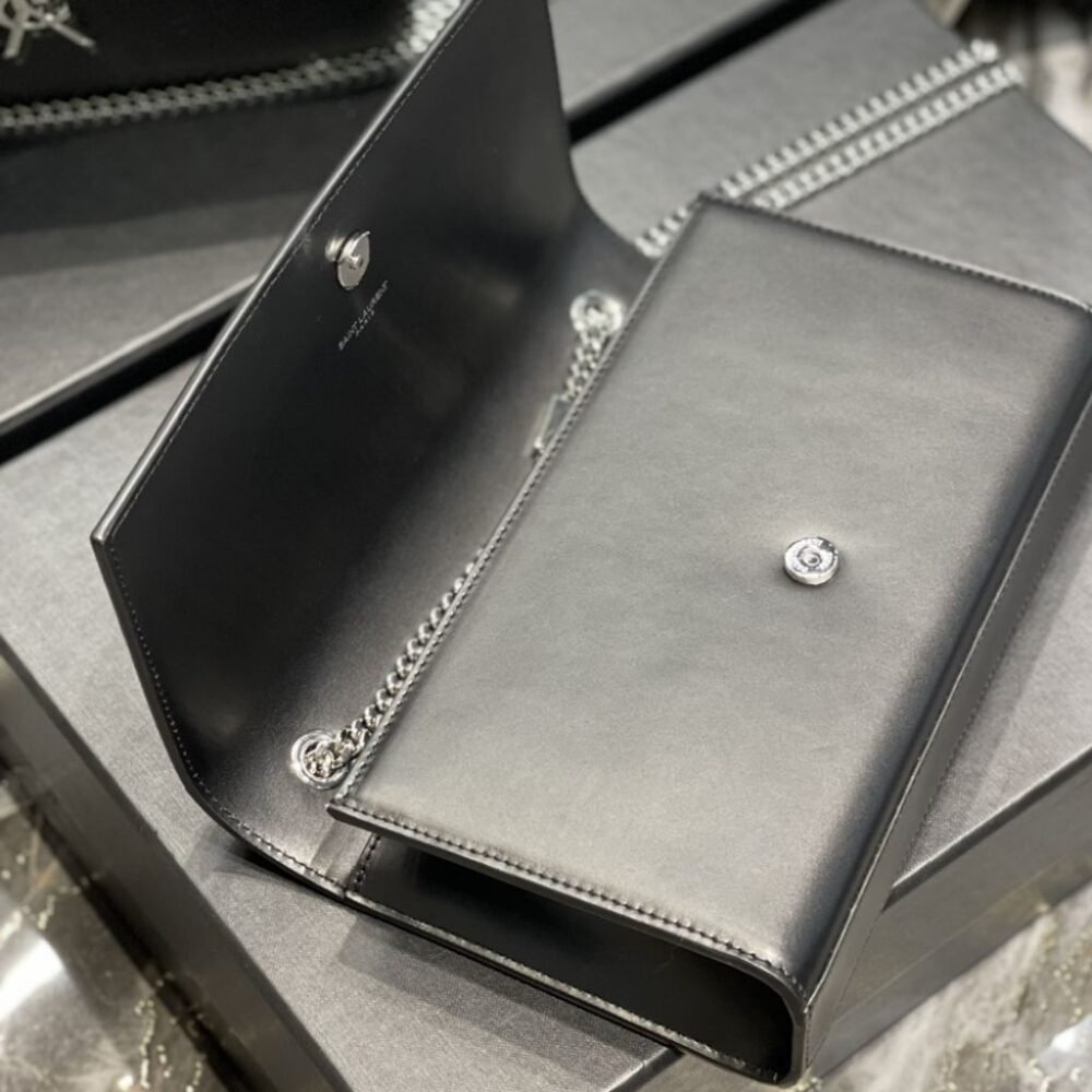Saint Laurent Kate Medium In Grain De Poudre Mirror Effect Black Silver Tone Hardware 24Cm