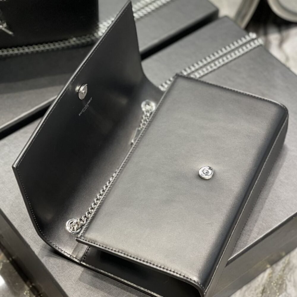 Saint Laurent Kate Medium In Grain De Poudre Mirror Effect Black Silver Tone Hardware 24Cm