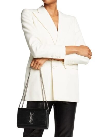 Saint Laurent Kate Medium In Grain De Poudre Mirror Effect Black Silver Tone Hardware 24Cm