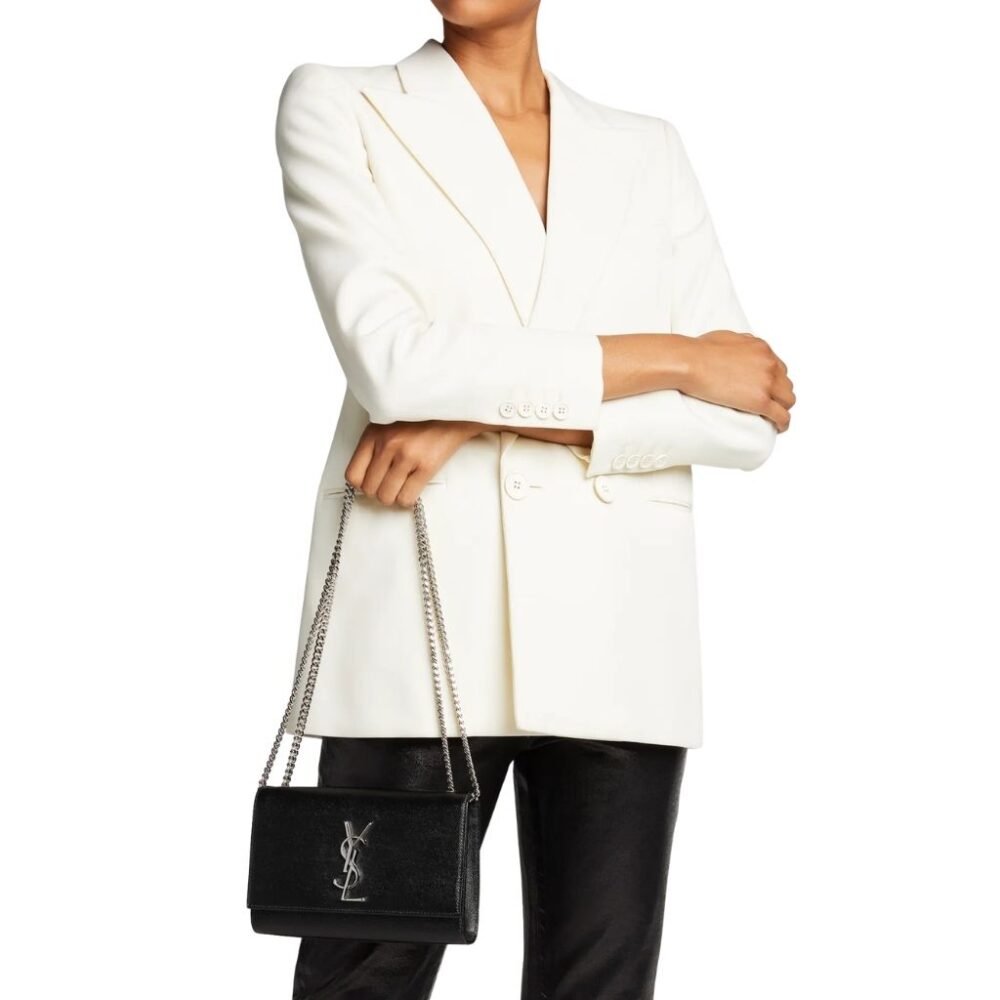 Saint Laurent Kate Medium In Grain De Poudre Mirror Effect Black Silver Tone Hardware 24Cm