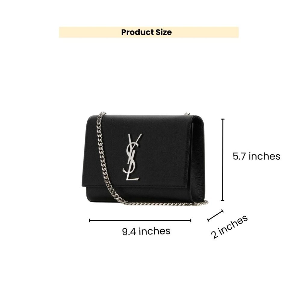 Saint Laurent Kate Medium In Grain De Poudre Mirror Effect Black Silver Tone Hardware 24Cm