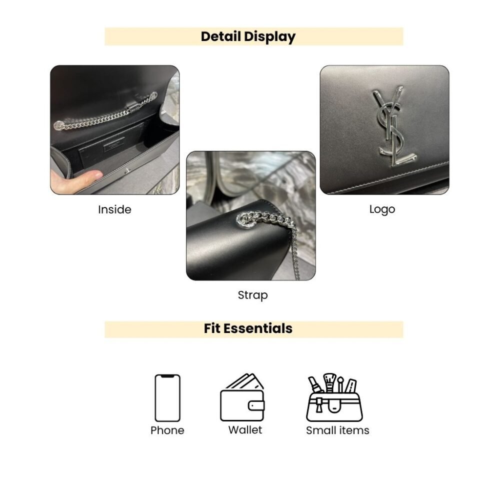 Saint Laurent Kate Medium In Grain De Poudre Mirror Effect Black Silver Tone Hardware 24Cm