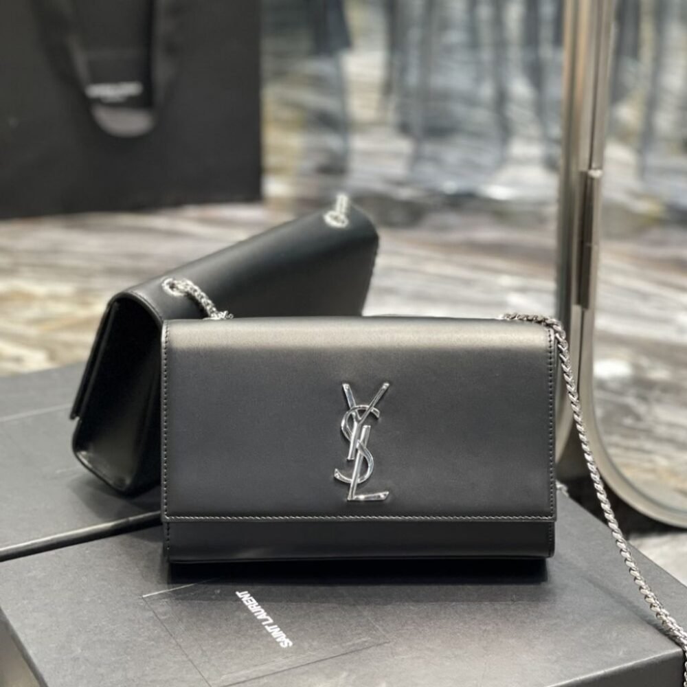 Saint Laurent Kate Medium In Grain De Poudre Mirror Effect Black Silver Tone Hardware 24Cm