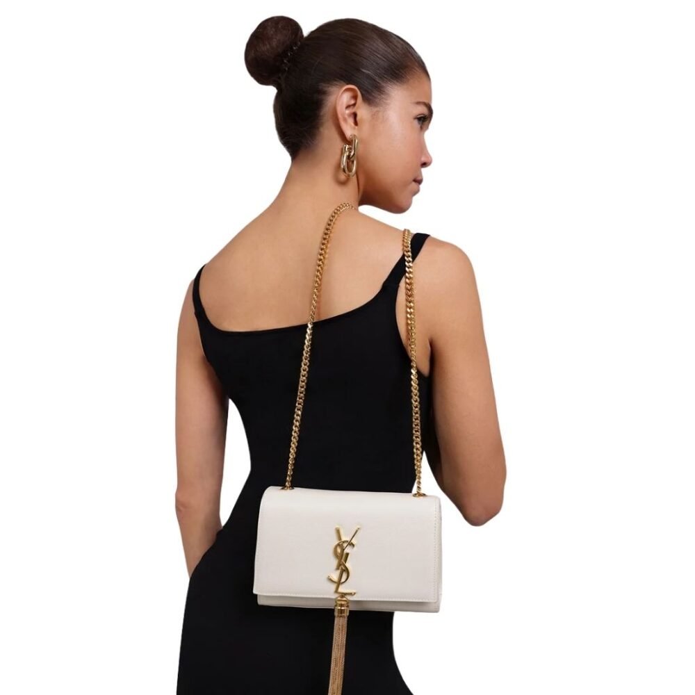 Saint Laurent Kate Medium Tassel In Crocodile Embossed Leather White 24Cm 474366DND0J9207