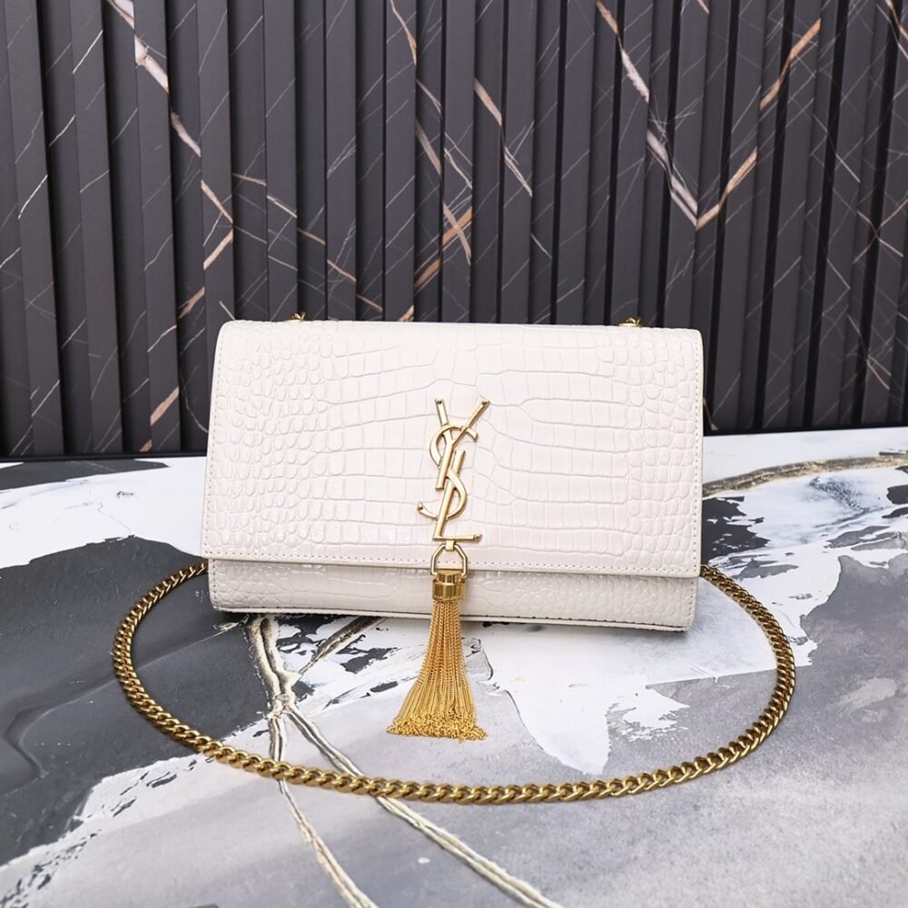 Saint Laurent Kate Medium Tassel In Crocodile Embossed Leather White 24Cm 474366DND0J9207