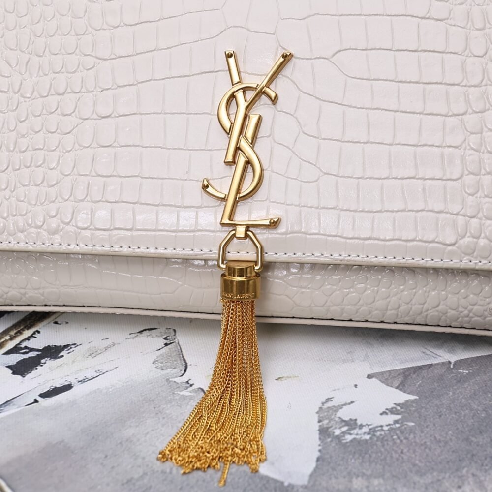 Saint Laurent Kate Medium Tassel In Crocodile Embossed Leather White 24Cm 474366DND0J9207
