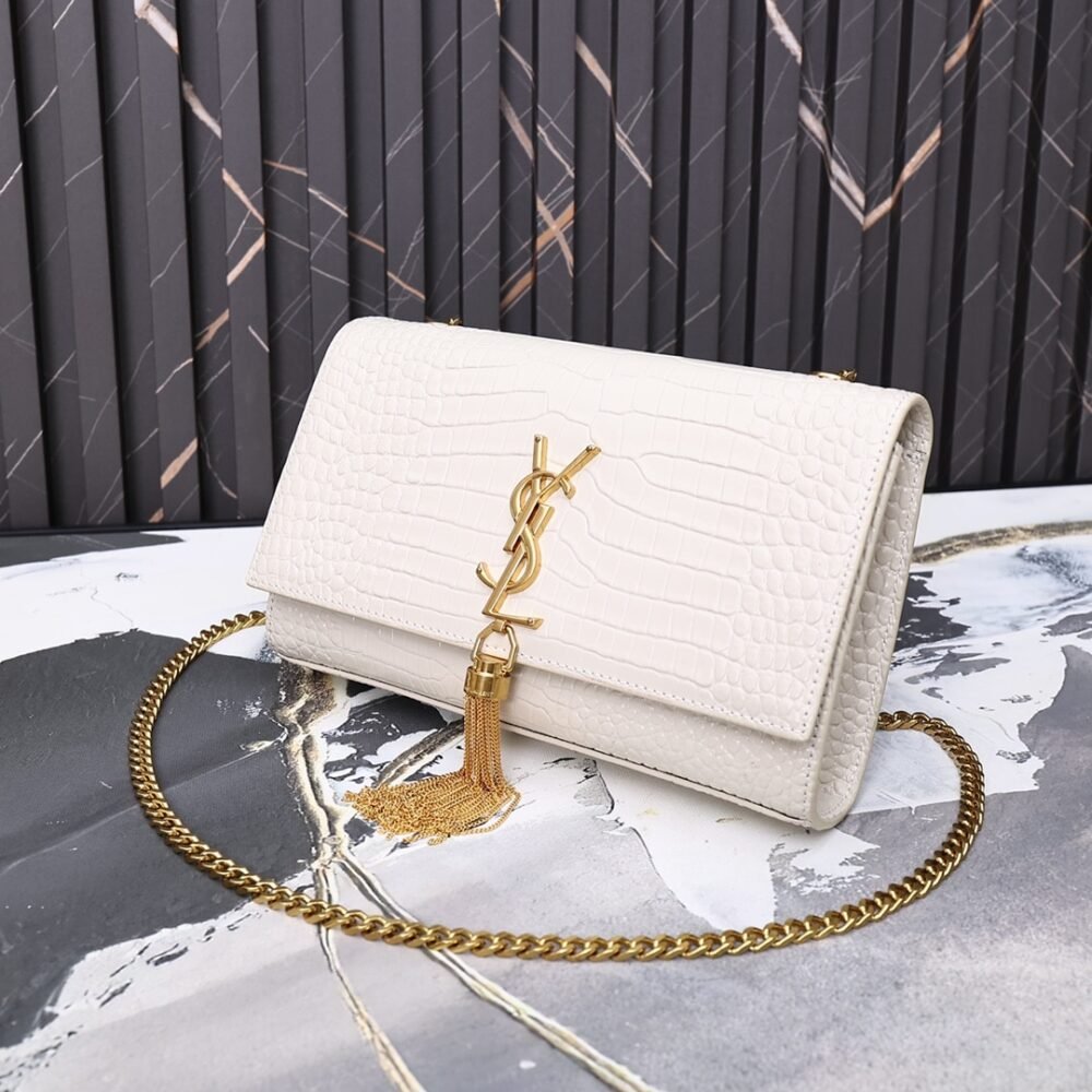 Saint Laurent Kate Medium Tassel In Crocodile Embossed Leather White 24Cm 474366DND0J9207