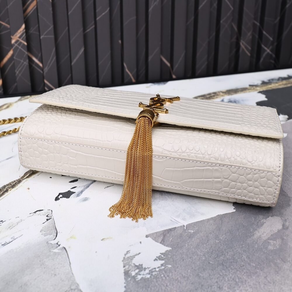 Saint Laurent Kate Medium Tassel In Crocodile Embossed Leather White 24Cm 474366DND0J9207