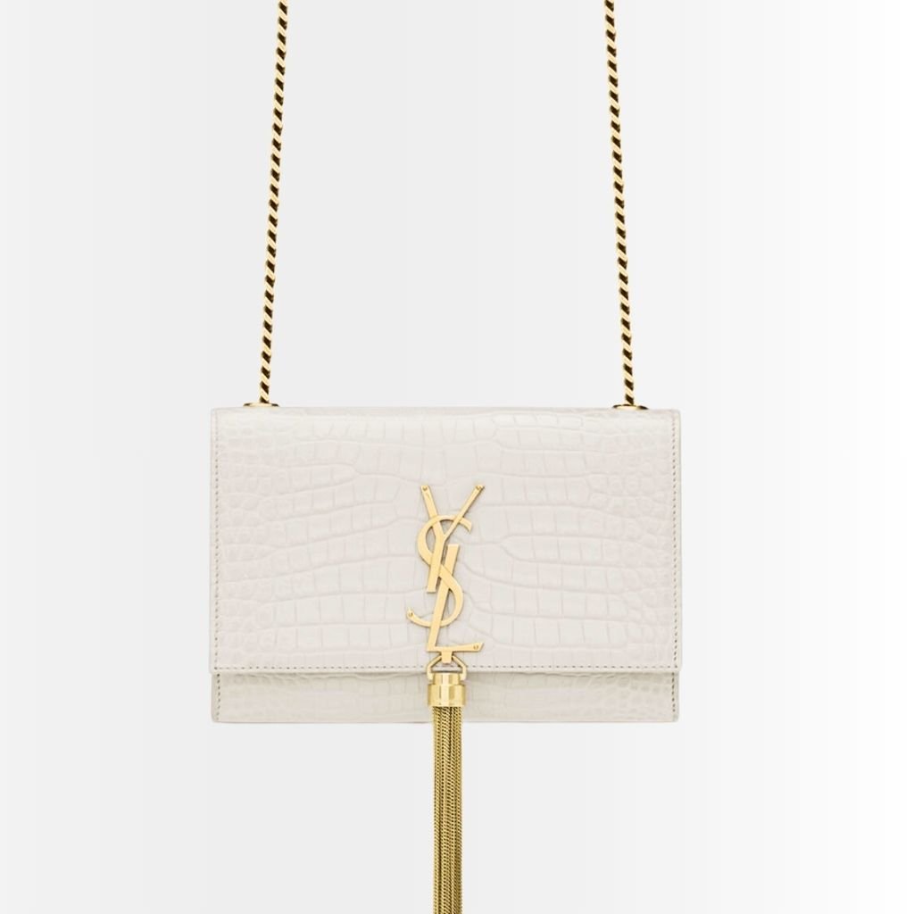 Saint Laurent Kate Medium Tassel In Crocodile Embossed Leather White 24Cm 474366DND0J9207