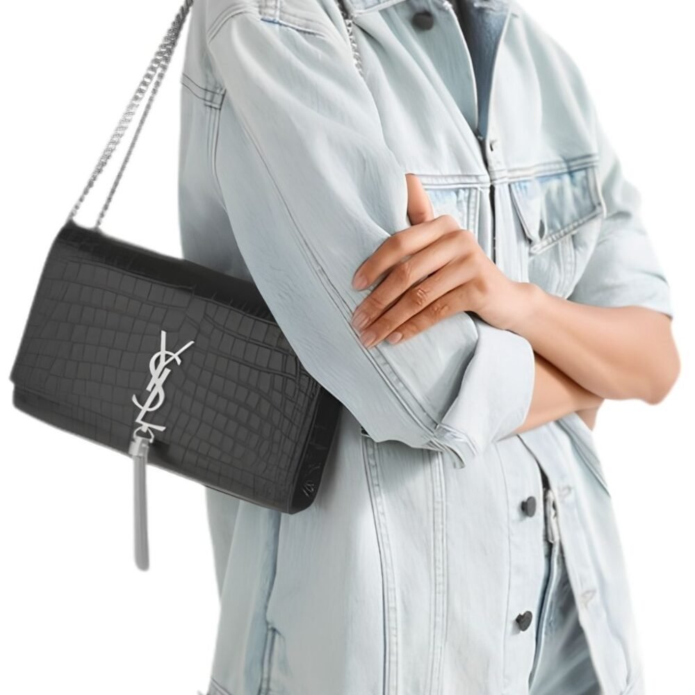 Saint Laurent Kate Medium Tassel In Crocodile Mirror Effect Shoulder Bag Black 24cm