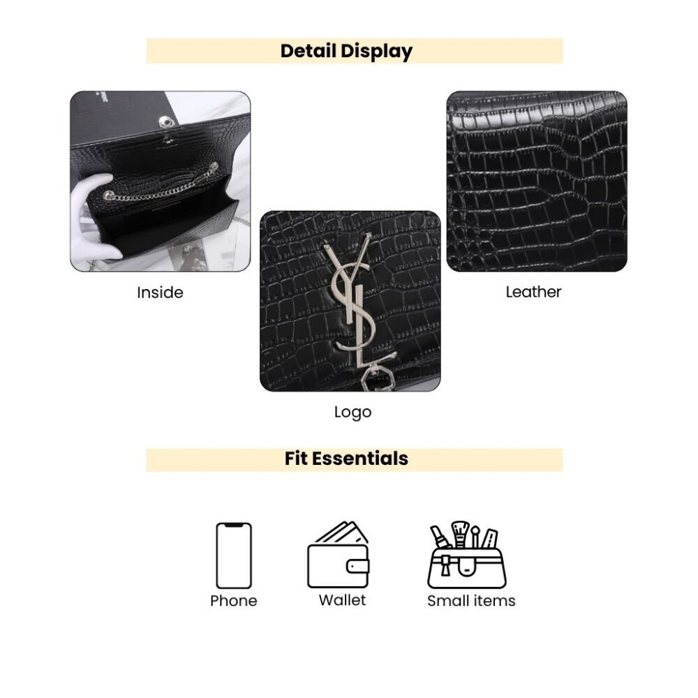 Saint Laurent Kate Medium Tassel In Crocodile Mirror Effect Shoulder Bag Black 24cm
