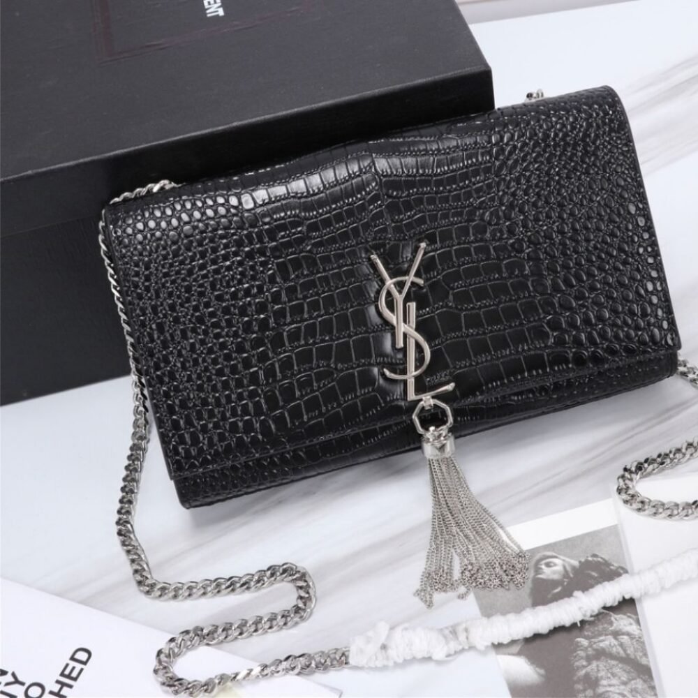 Saint Laurent Kate Medium Tassel In Crocodile Mirror Effect Shoulder Bag Black 24cm