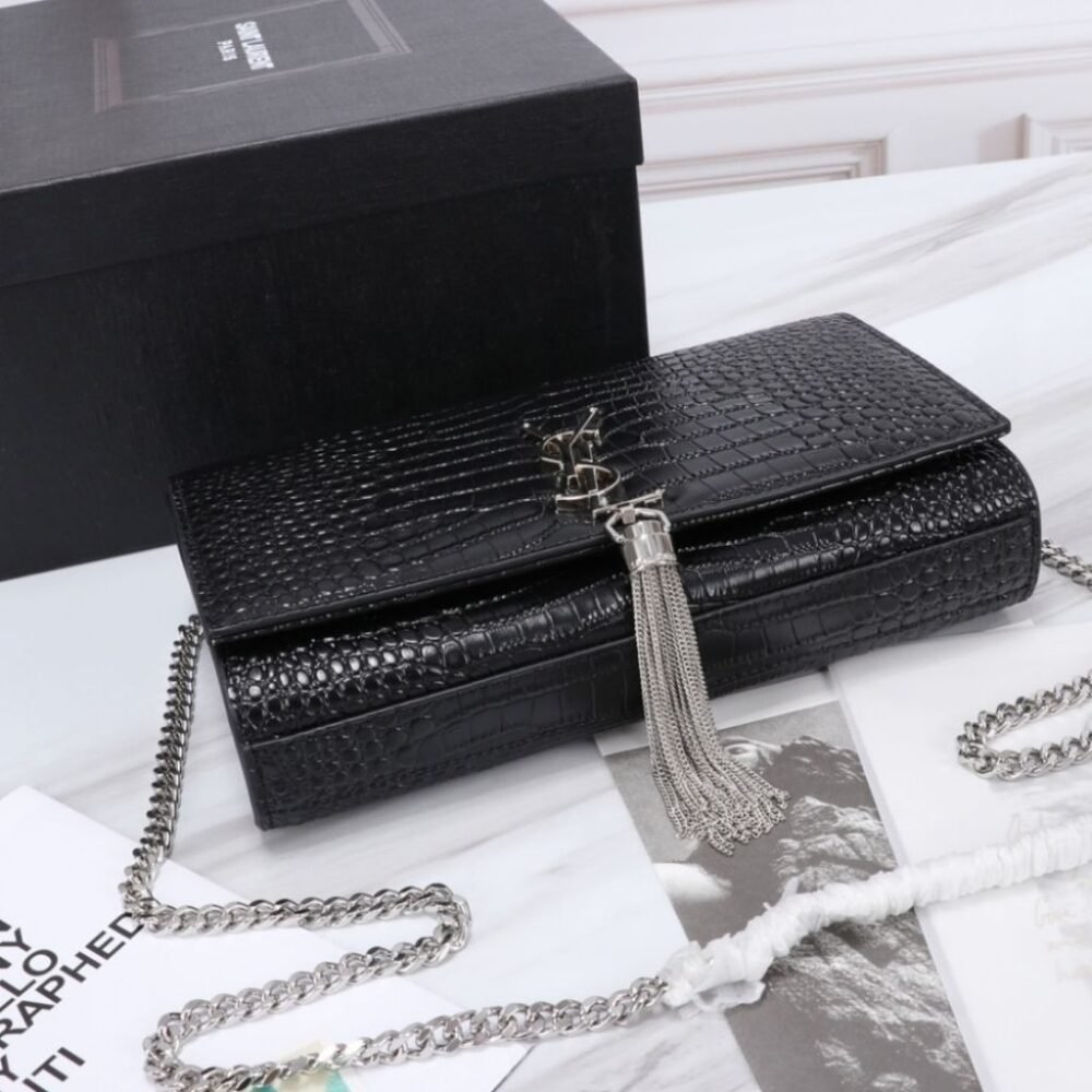 Saint Laurent Kate Medium Tassel In Crocodile Mirror Effect Shoulder Bag Black 24cm