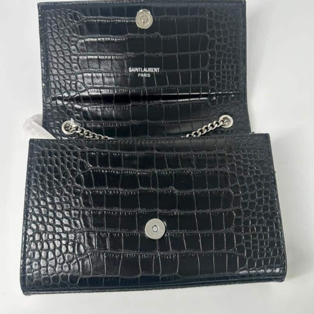 Saint Laurent Kate Medium Tassel In Crocodile Mirror Effect Shoulder Bag Black 24cm
