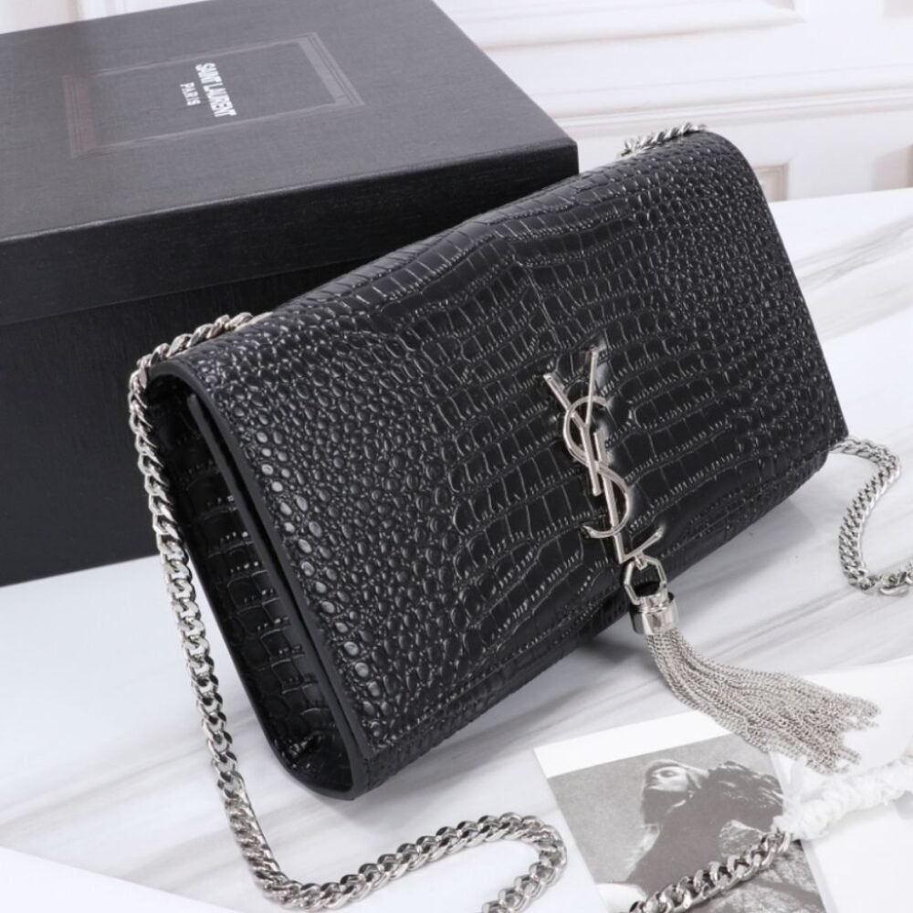 Saint Laurent Kate Medium Tassel In Crocodile Mirror Effect Shoulder Bag Black 24cm