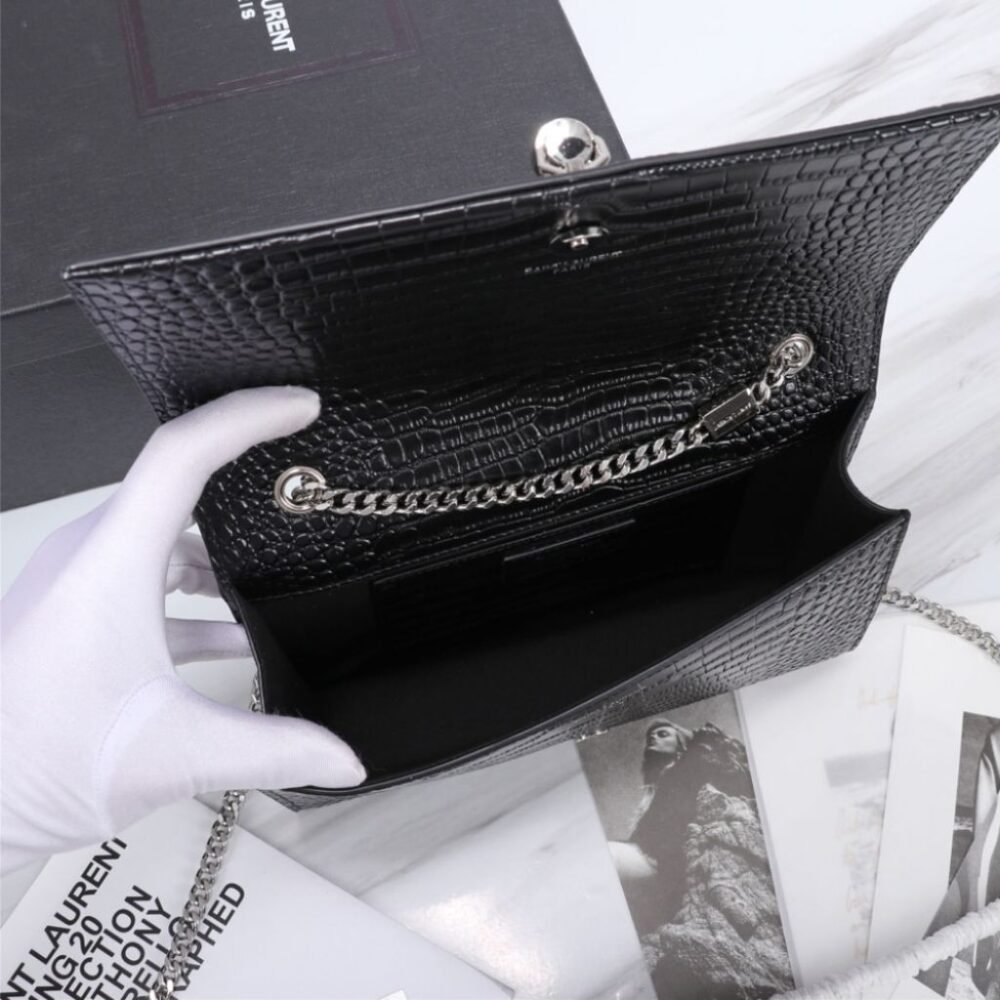 Saint Laurent Kate Medium Tassel In Crocodile Mirror Effect Shoulder Bag Black 24cm