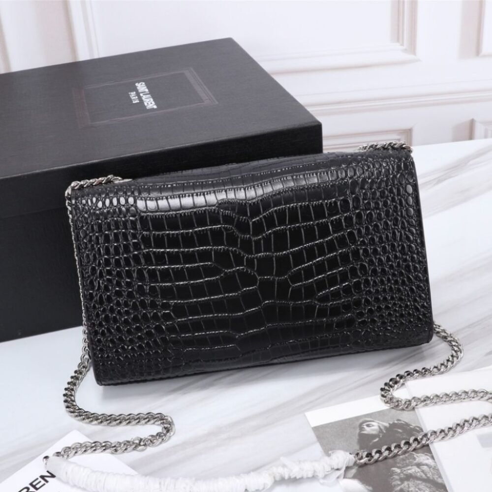 Saint Laurent Kate Medium Tassel In Crocodile Mirror Effect Shoulder Bag Black 24cm