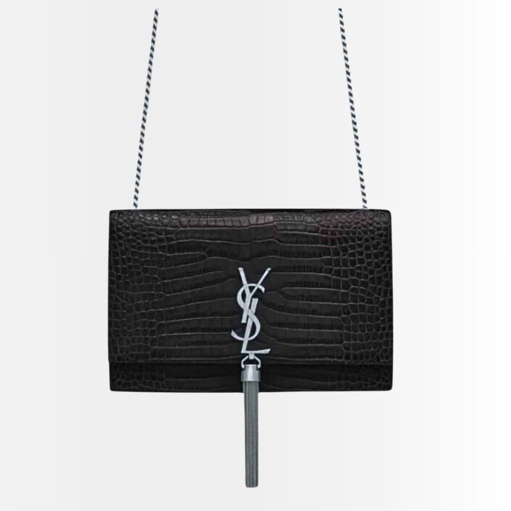 Saint Laurent Kate Medium Tassel In Crocodile Mirror Effect Shoulder Bag Black 24cm