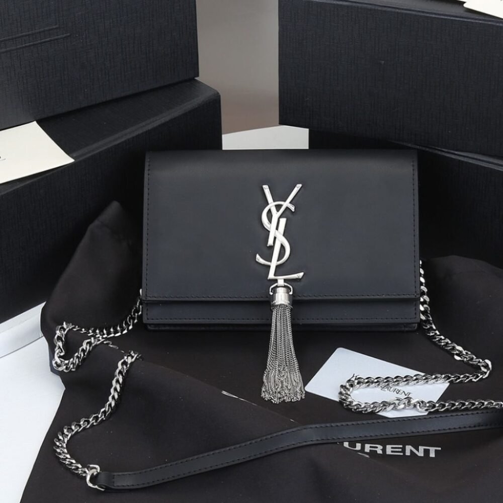 Saint Laurent Kate Small In Grain De Poudre Mirror Effect Black 20Cm