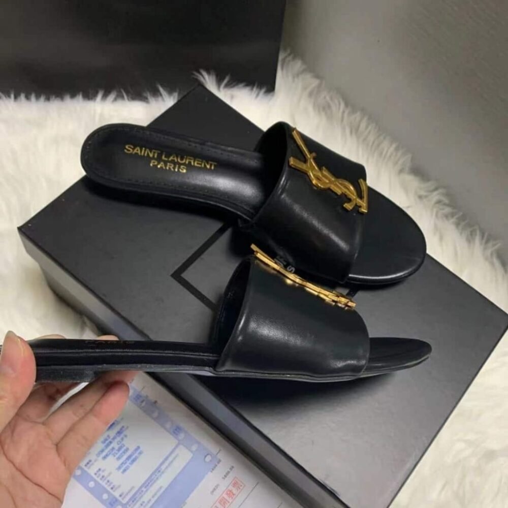Saint Laurent Logo Slippers Black