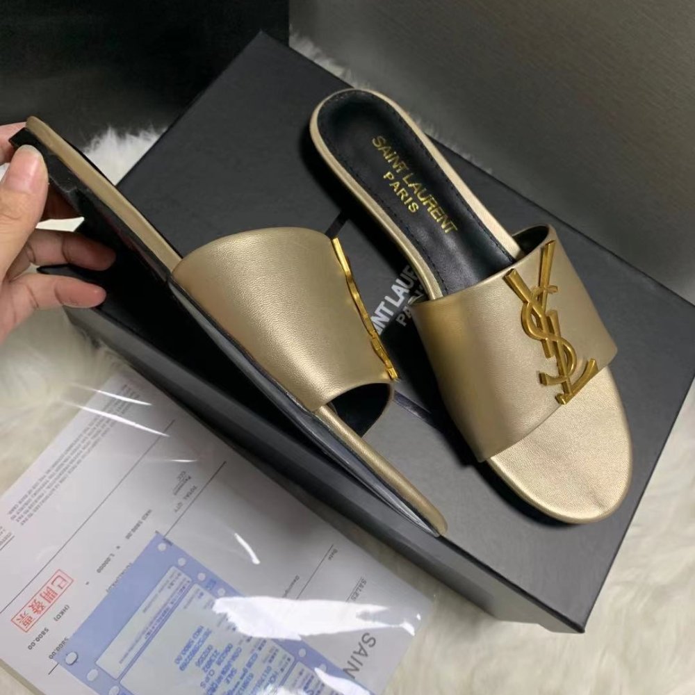 Saint Laurent Logo Slippers Metallic Gold And Black