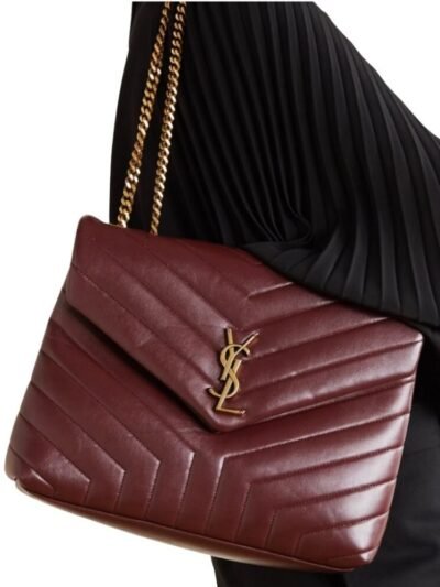 Saint Laurent Loulou Medium Chain Bag In Matelassé Y Leather Burgundy Gold 26Cm