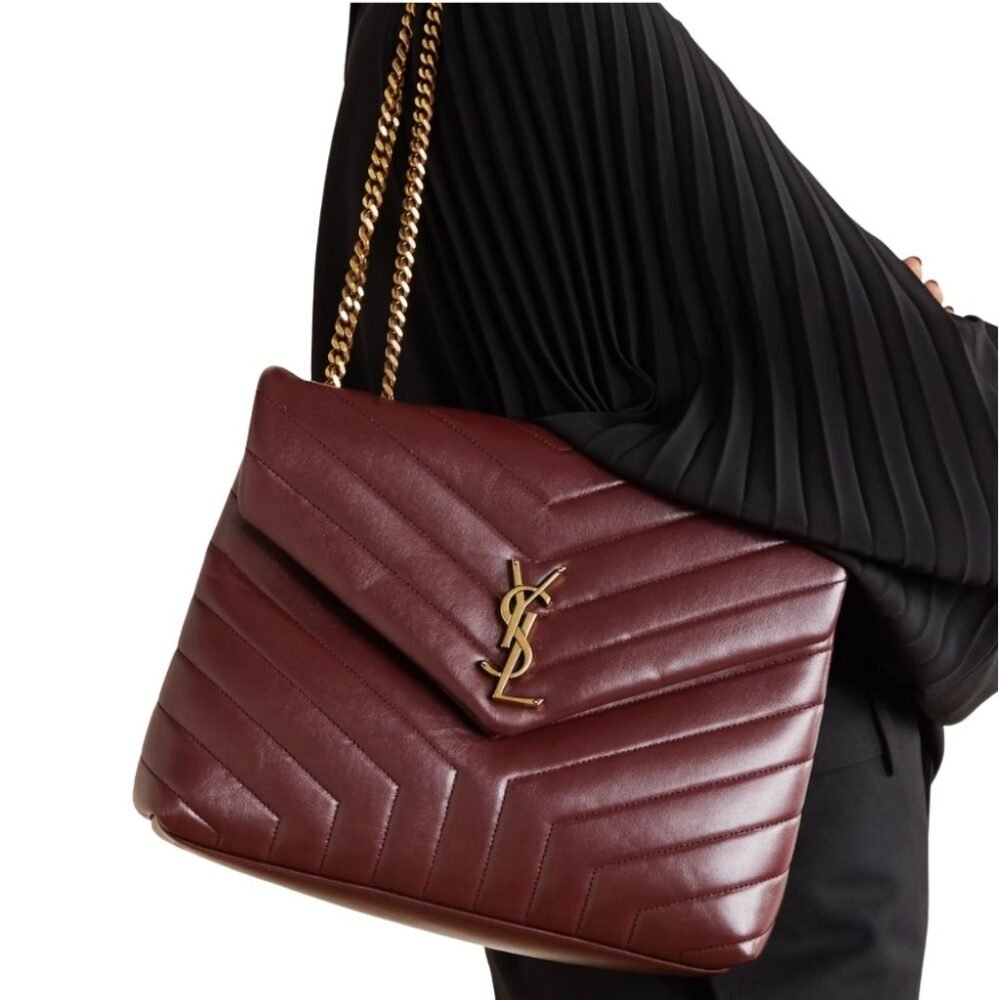 Saint Laurent Loulou Medium Chain Bag In Matelassé Y Leather Burgundy Gold 26Cm